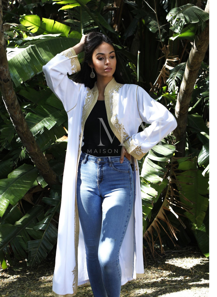White & Gold Leyla Kimono Long Jacket - Maison De Marrakech