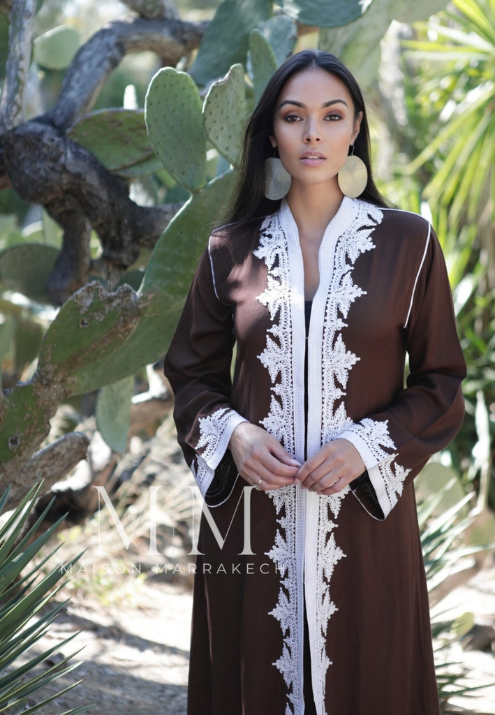 Brown & White Karima Kaftan Caftan-Moroccan Kaftan