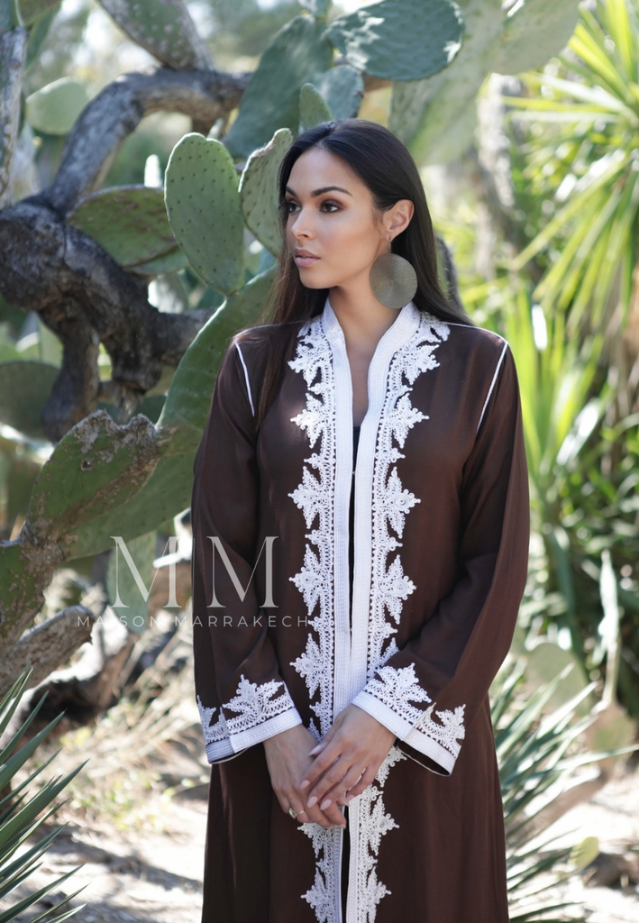 Brown & White Karima Kaftan Caftan-Moroccan Kaftan