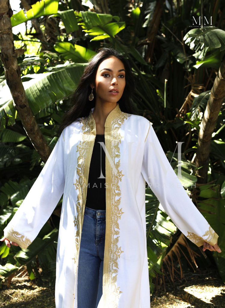 White & Gold Leyla Kimono Long Jacket - Maison De Marrakech