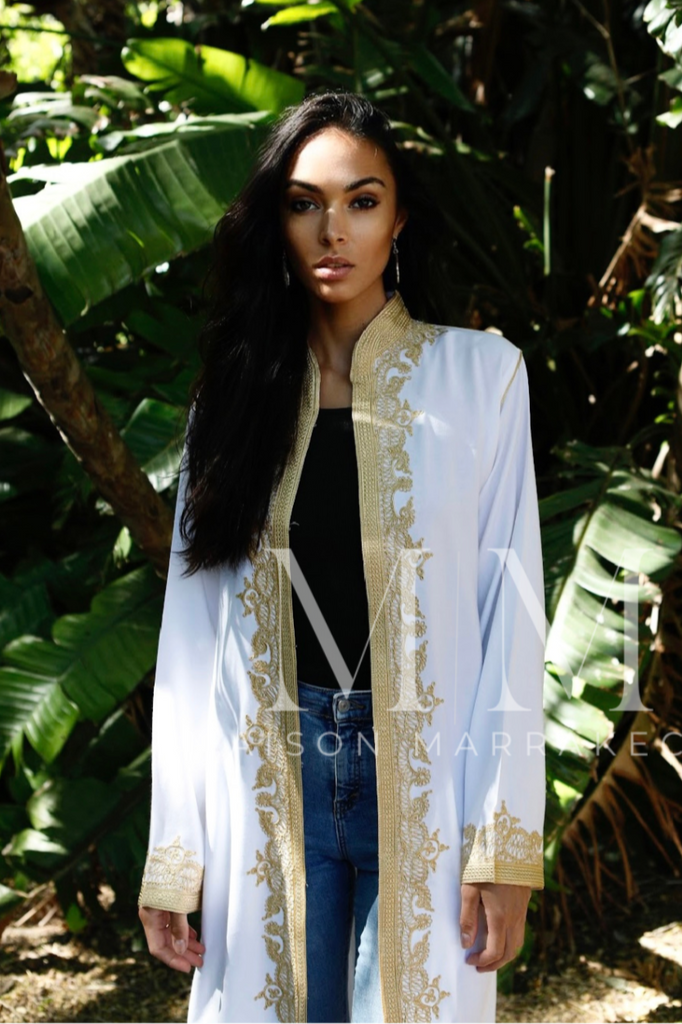 White & Gold Leyla Kimono Long Jacket - Maison De Marrakech
