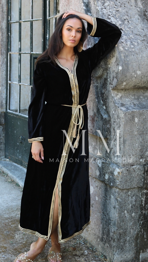 Black Gold Velvet Luxury Party Kaftan Dress - Maison De Marrakech