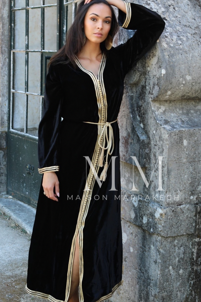 Black Gold Velvet Luxury Party Kaftan Dress - Maison De Marrakech