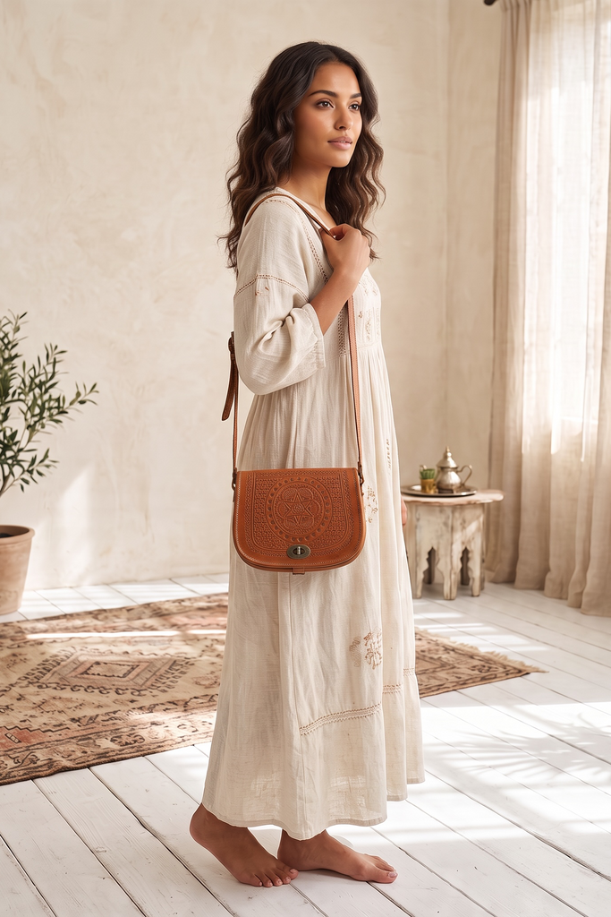 Moroccan Tan Leather Crossbody Satchel
