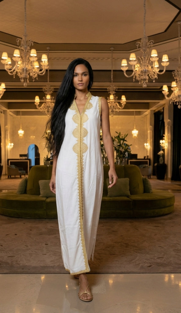 White Non Sleeve Kaftan -Kenza Style - Maison De Marrakech