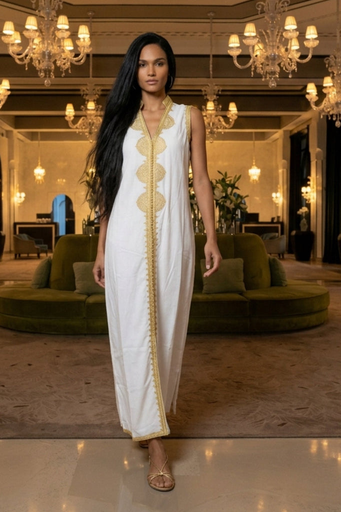 White Non Sleeve Kaftan -Kenza Style - Maison De Marrakech