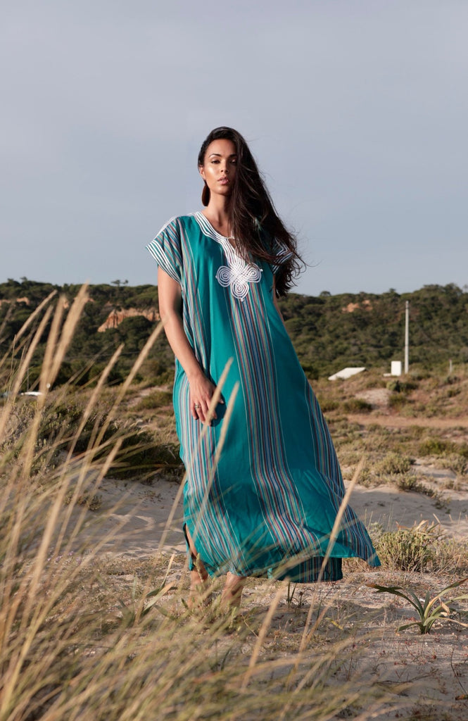 Turquoise Blue Abaya Style Resort Lounge Wear Caftan Kaftan - Maison De Marrakech
