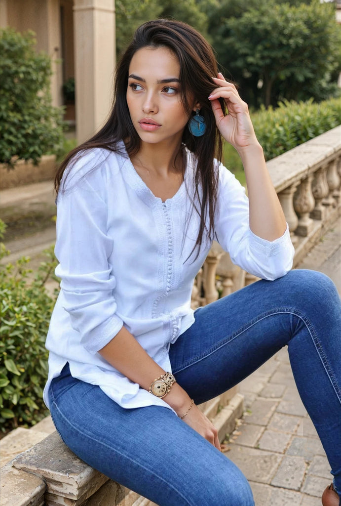 Autumn New White Magrib Moroccan Embroidery Shirt Tunic - Maison De Marrakech