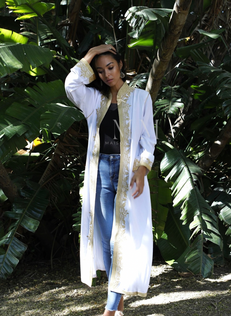 White & Gold Leyla Kimono Long Jacket - Maison De Marrakech