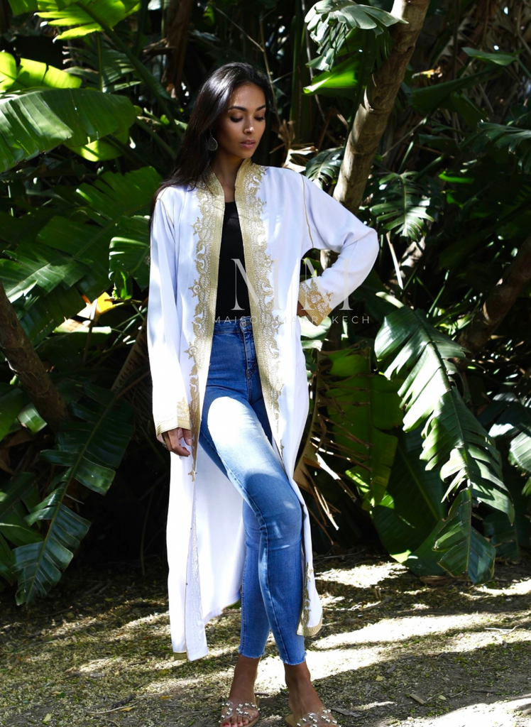 White & Gold Leyla Kimono Long Jacket - Maison De Marrakech