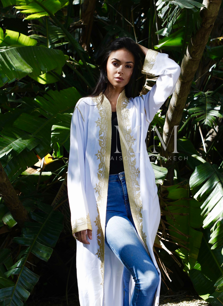 White & Gold Leyla Kimono Long Jacket - Maison De Marrakech