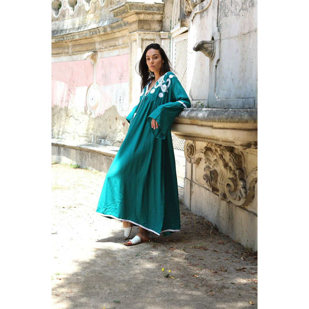 Green Caftan Kaftan Noor Maxi Dress-Moroccan Resort & Lounge Kaftan,Green Caftan Kaftan Noor Maxi Dress-Moroccan Resort & Lounge Kaftan