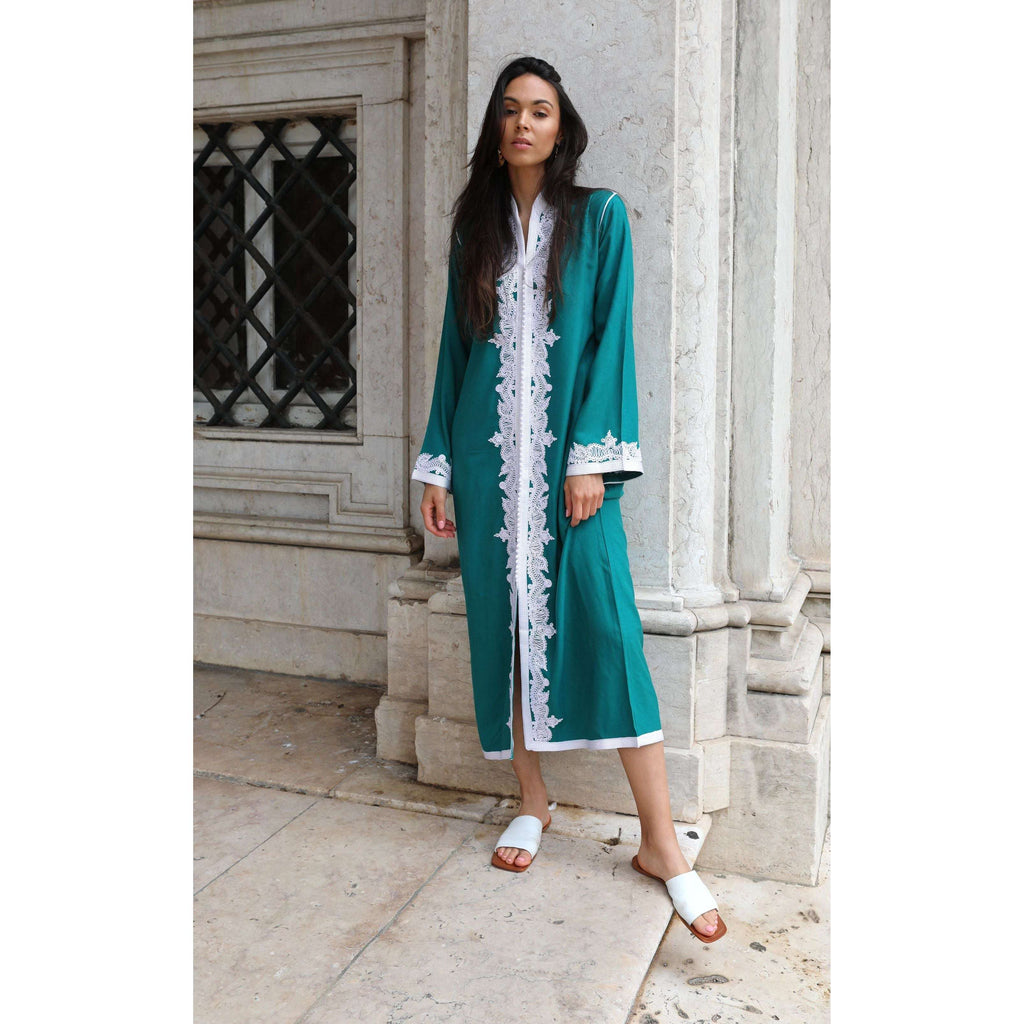 Green & White Karima Kaftan Caftan-Moroccan Kaftan,Green & White Karima Kaftan Caftan-Moroccan Kaftan
