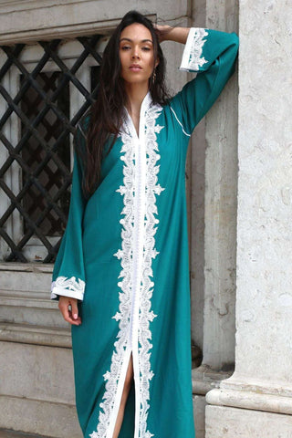 New Pink Marrakech Resort Lounge Wear Caftan Kaftan with White Embroidery-Moroccan Kaftan