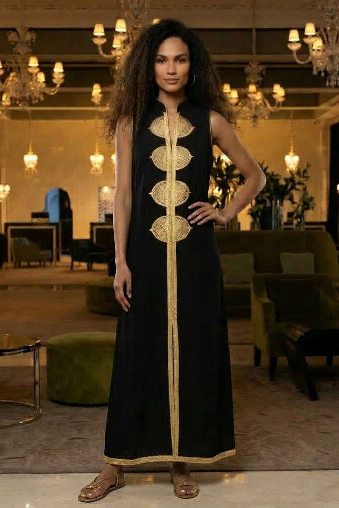Black Non-Sleeve Moroccan Embroiered Kaftan - Kenza Loungewear style - Maison De Marrakech