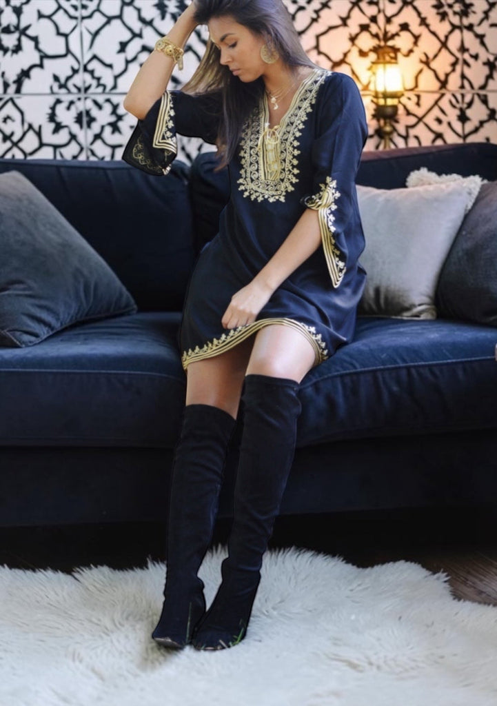 Black with Gold Embroidery Tunic- Autumn Moroccan Boho Tunic