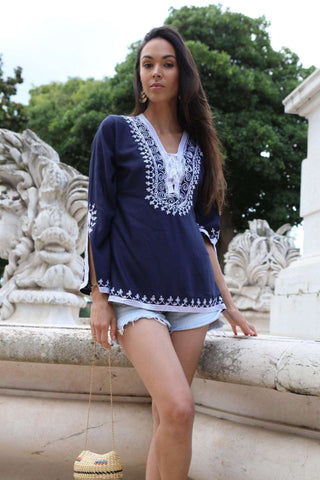 Black & White Rabat Hand Embroidered Moroccan Tunic Dress-Moroccan Dress, Lounge wear