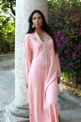 New Pink Marrakech Resort Lounge Wear Caftan Kaftan with White Embroidery-Moroccan Kaftan