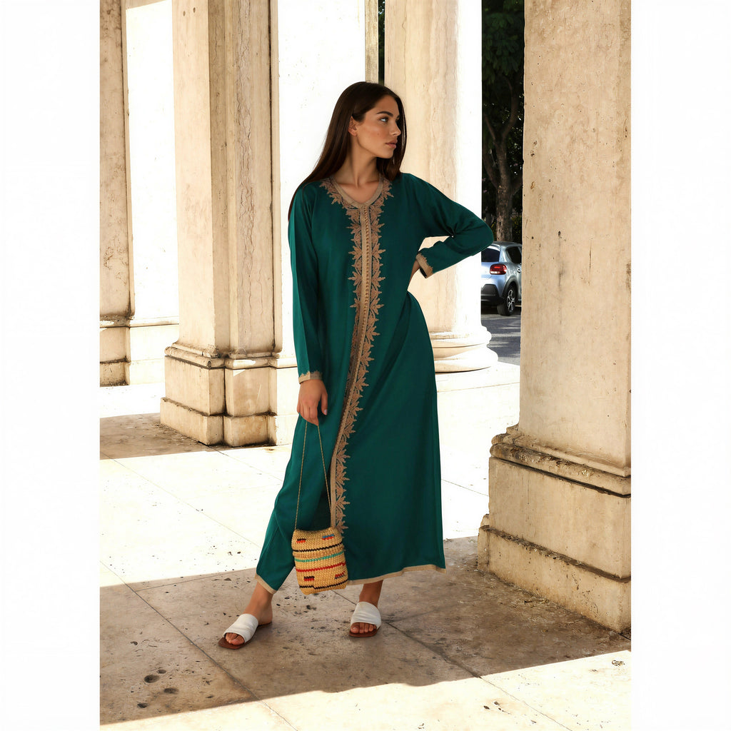 Green Beige Karima Kaftan Caftan-Moroccan Kaftan,Green Beige Karima Kaftan Caftan-Moroccan Kaftan