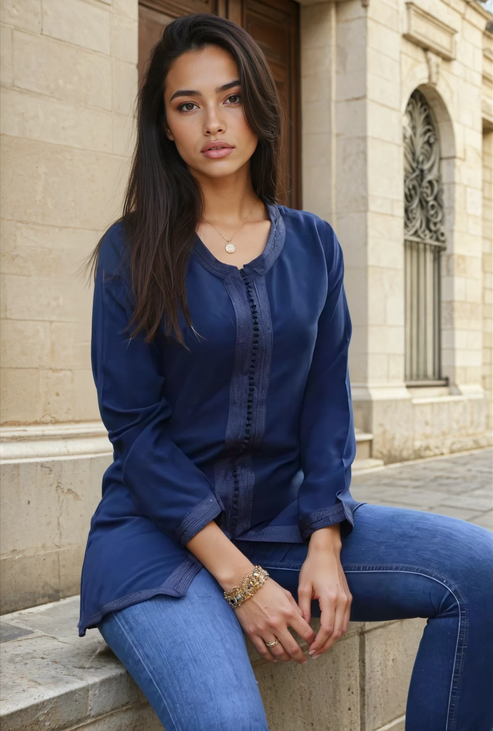 New Navy Blue Magrib Moroccan Embroidery Shirt Tunic - Maison De Marrakech