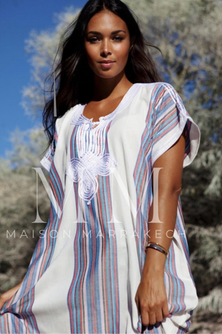 New Pink Marrakech Resort Lounge Wear Caftan Kaftan with White Embroidery-Moroccan Kaftan