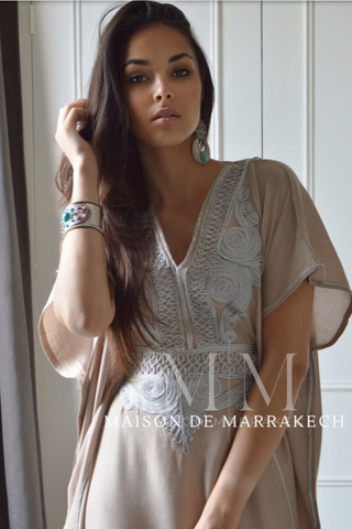 New Pink Marrakech Resort Lounge Wear Caftan Kaftan with White Embroidery-Moroccan Kaftan