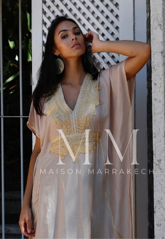 New Pink Marrakech Resort Lounge Wear Caftan Kaftan with White Embroidery-Moroccan Kaftan