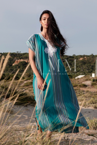 Black & White Rabat Hand Embroidered Moroccan Tunic Dress-Moroccan Dress, Lounge wear