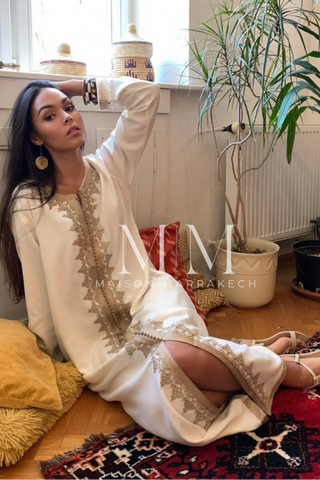 New Pink Marrakech Resort Lounge Wear Caftan Kaftan with White Embroidery-Moroccan Kaftan