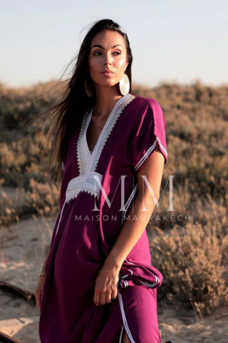 New Pink Marrakech Resort Lounge Wear Caftan Kaftan with White Embroidery-Moroccan Kaftan