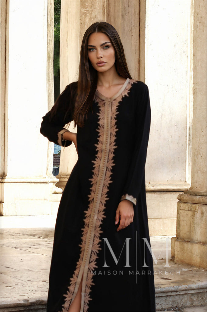 Black Beige Karima Kaftan Caftan-Moroccan Kaftan - Maison De Marrakech