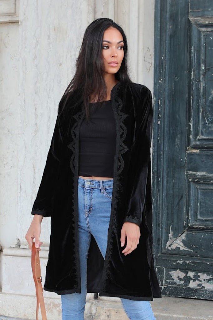 New Black Velvet Luxury Bohemian Jacket with Black Embroidery- bohemian Jacket