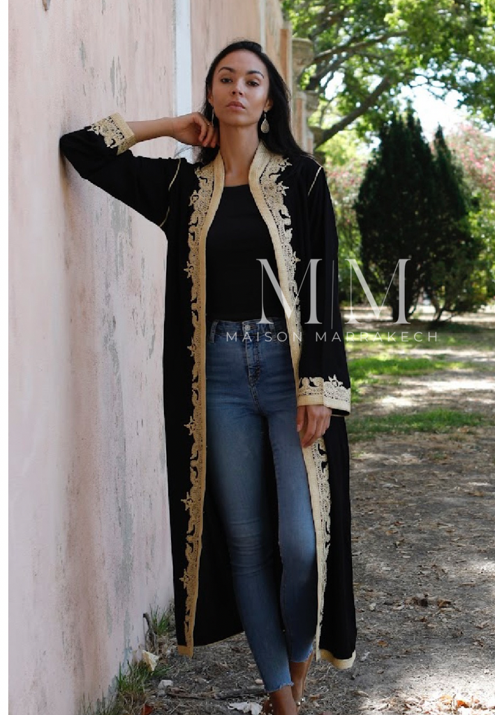 Black & Gold Leyla Kimono Long Jacket Moroccan style