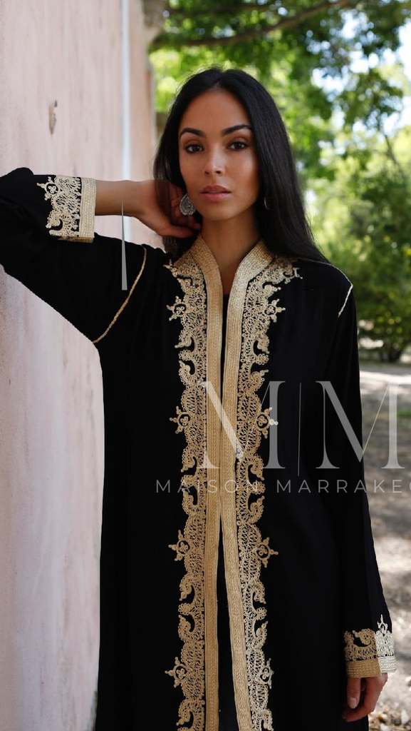 Black & Gold Leyla Kimono Long Jacket Moroccan style - Maison De Marrakech