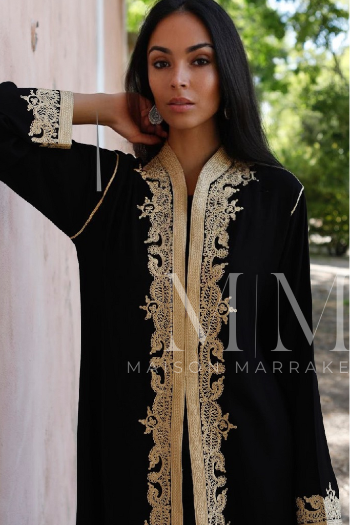 Black & Gold Leyla Kimono Long Jacket Moroccan style - Maison De Marrakech