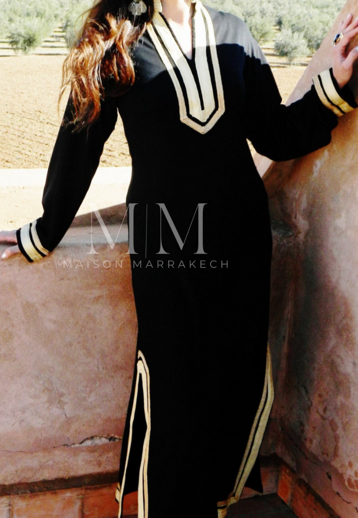 Black Kaftan Mariam Style - Moroccan Embroidered Cotton Kaftan - Maison De Marrakech