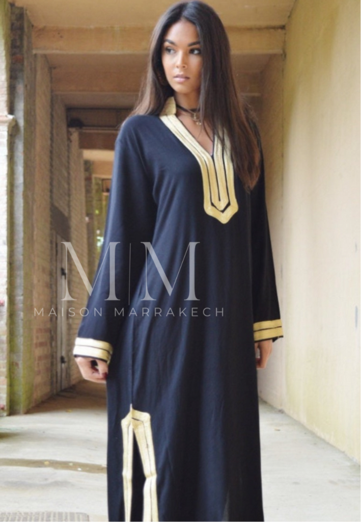 Black Kaftan Mariam Style - Moroccan Embroidered Cotton Kaftan - Maison De Marrakech