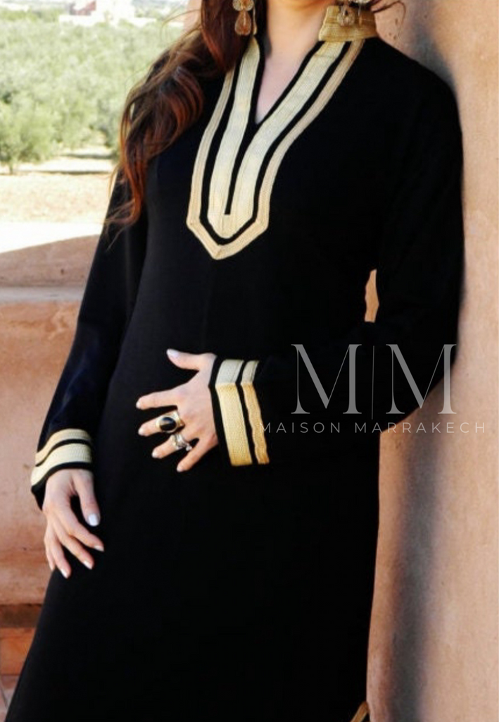 Black Kaftan Mariam Style - Moroccan Embroidered Cotton Kaftan - Maison De Marrakech