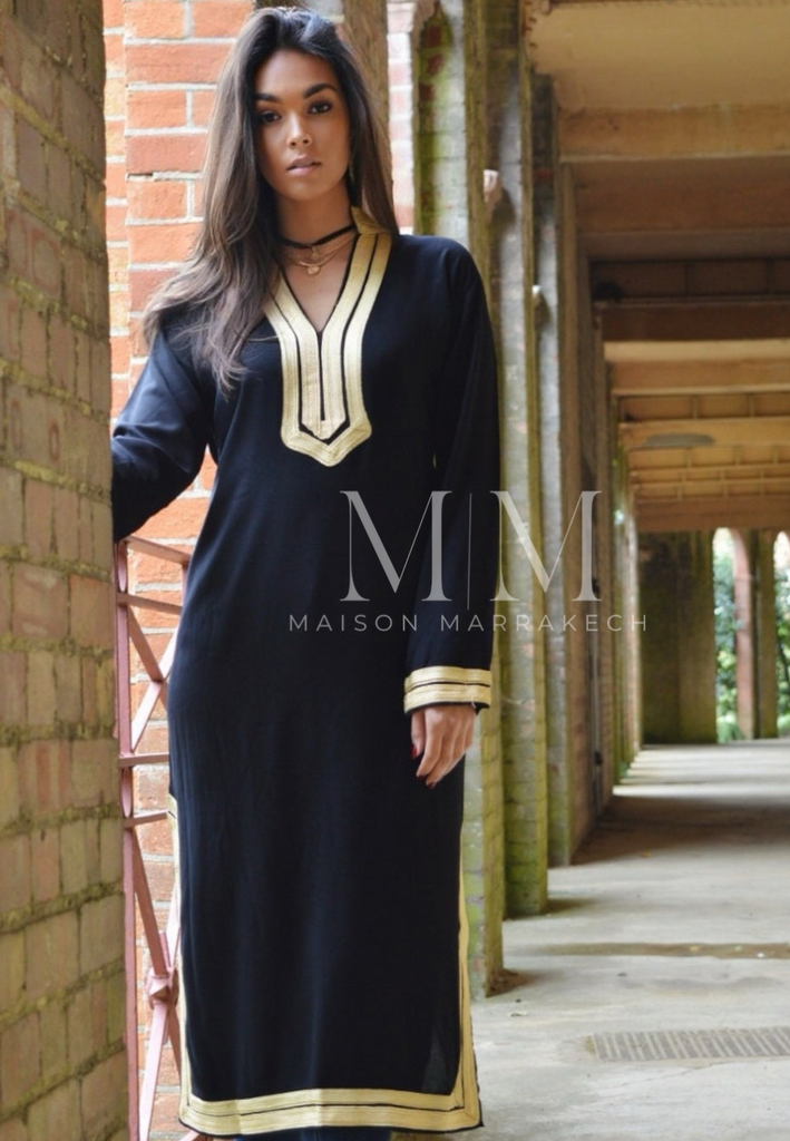 Black Kaftan Mariam Style - Moroccan Embroidered Cotton Kaftan - Maison De Marrakech