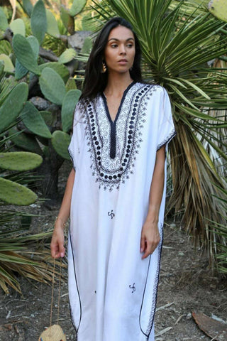 Turquoise Blue Marrakech Resort Lounge Wear Caftan Kaftan with White Embroidery-Moroccan Kaftan