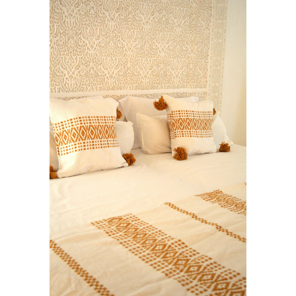 White & Mustard Berber Style Moroccan Handwoven Bed-End Cover Blanket,White & Mustard Berber Style Moroccan Handwoven Bed-End Cover Blanket