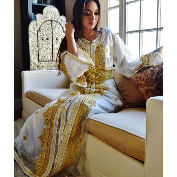 White with Gold Embroidery Moroccan Takchita Party Kaftan-Millia - Maison De Marrakech