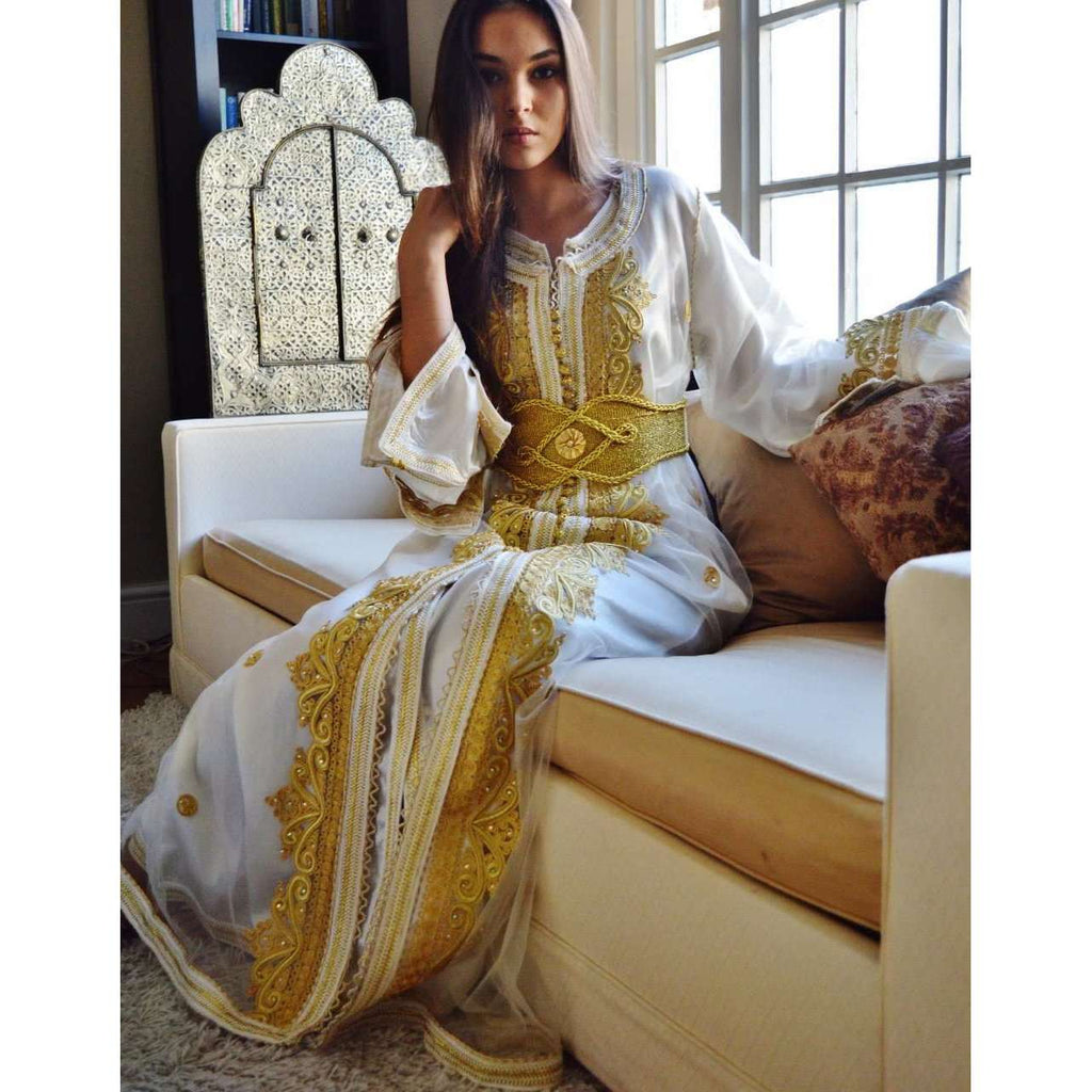 White with Gold Embroidery Moroccan Takchita Party Kaftan-Millia - Maison De Marrakech