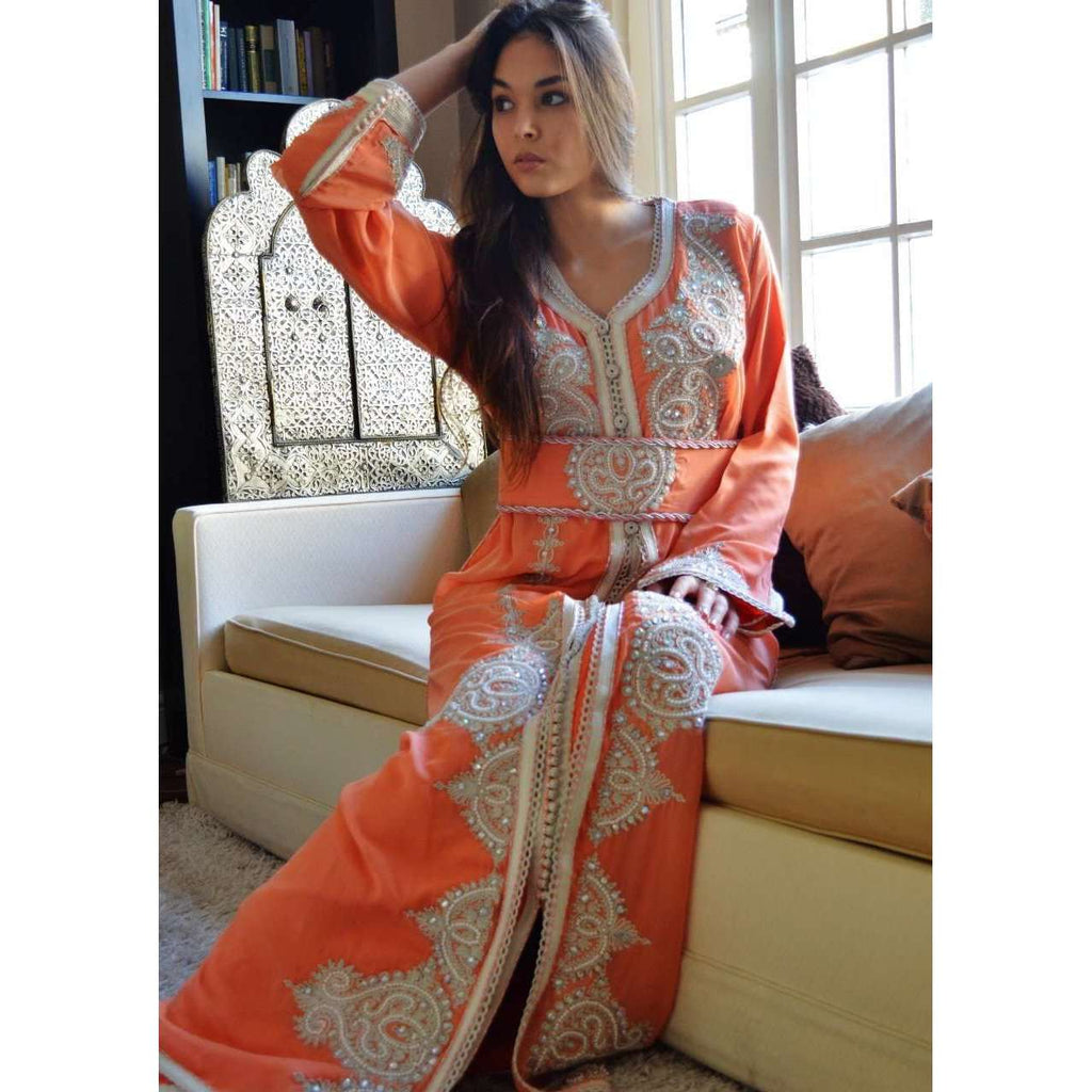 Salmon Pink  Embroidery Moroccan Takchita Party Kaftan-Kalia Style - Maison De Marrakech