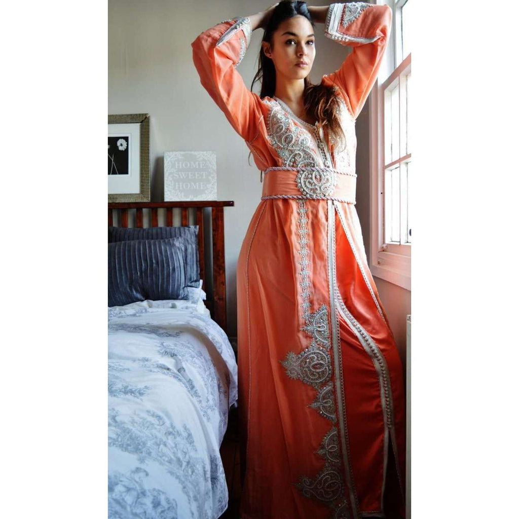Salmon Pink  Embroidery Moroccan Takchita Party Kaftan-Kalia Style - Maison De Marrakech