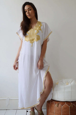 Turquoise Blue Marrakech Resort Lounge Wear Caftan Kaftan with White Embroidery-Moroccan Kaftan