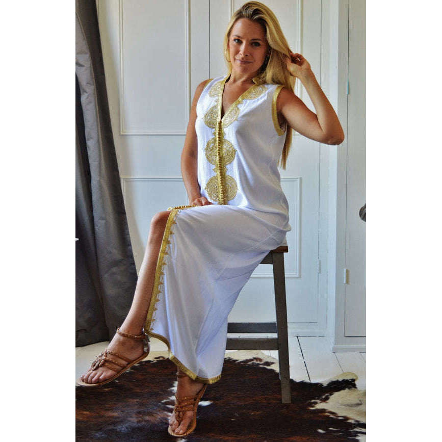 White Non Sleeve Kaftan -Kenza Style,White Non Sleeve Kaftan -Kenza Style