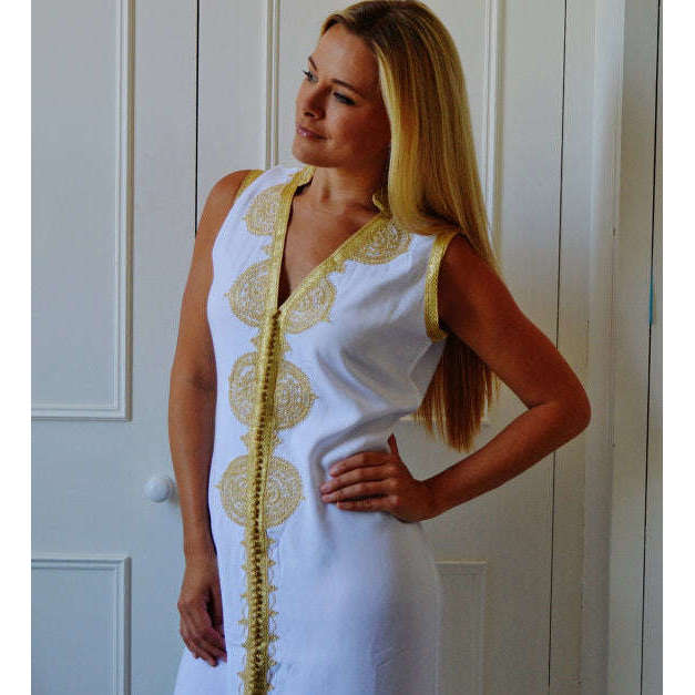 White Non Sleeve Kaftan -Kenza Style,White Non Sleeve Kaftan -Kenza Style