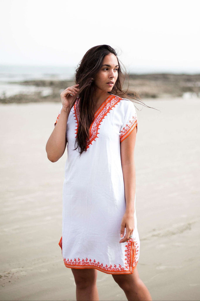 White with Orange Embroidery Tunic Dress-Moroccan Dress - Maison De Marrakech