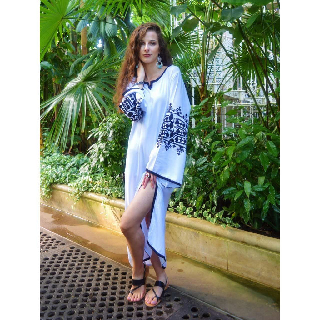 White Zina Kaftan- Moroccan Kaftan, maxi dress, beach cover ups, beach dress, plus size - Maison De Marrakech